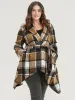Plaid Pocket Lapel Collar Asymmetrical Hem Belted Coat sold by Bloomchic