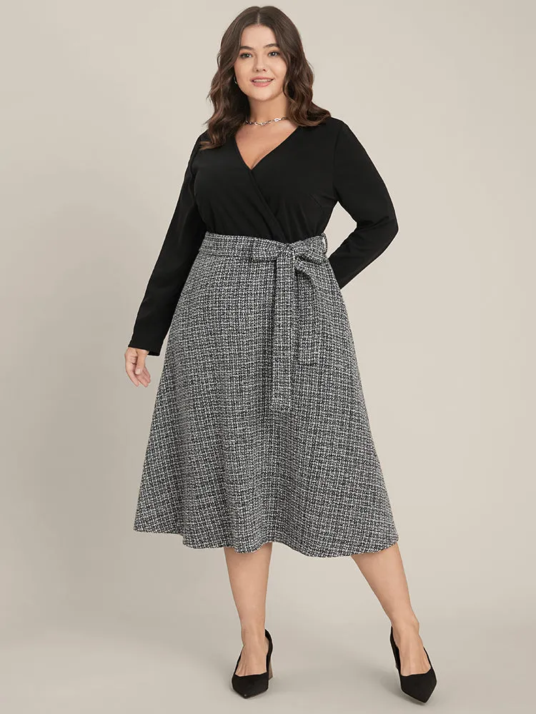 Plaid Patchwork Surplice Neck Belted Tweed Dress sold by Bloomchic