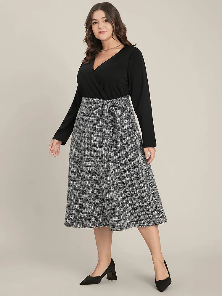 Plaid Patchwork Surplice Neck Belted Tweed Dress sold by Bloomchic product image thumbnail 3