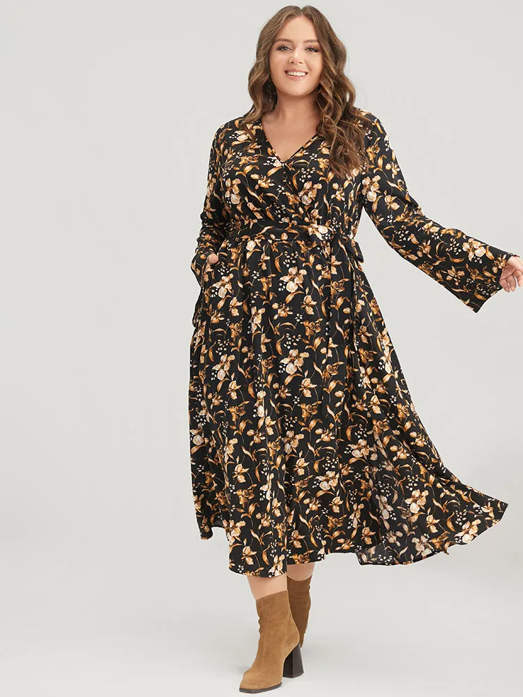 Floral Pocket Bell Sleeve Belted Split Flutter Dress sold by Bloomchic