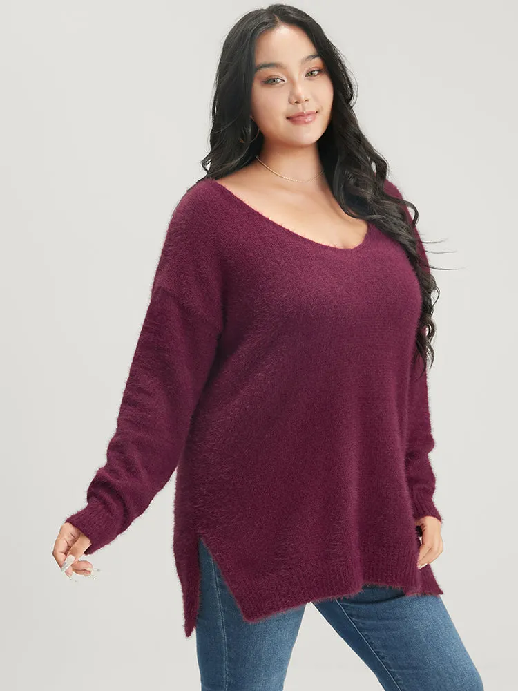 Solid Super Soft Plush Knit Split Hem Heather Knit Top sold by Bloomchic