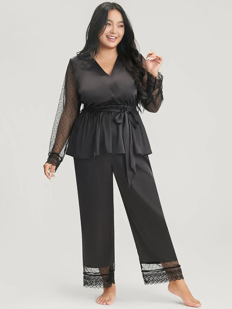 Solid Mesh Lace Wrap Belted Pajama Set sold by Bloomchic