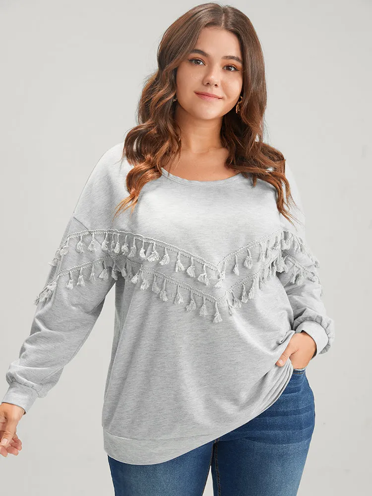 Solid Round Neck Tassels Drop Shoulder Sweatshirt sold by Bloomchic product image thumbnail 5