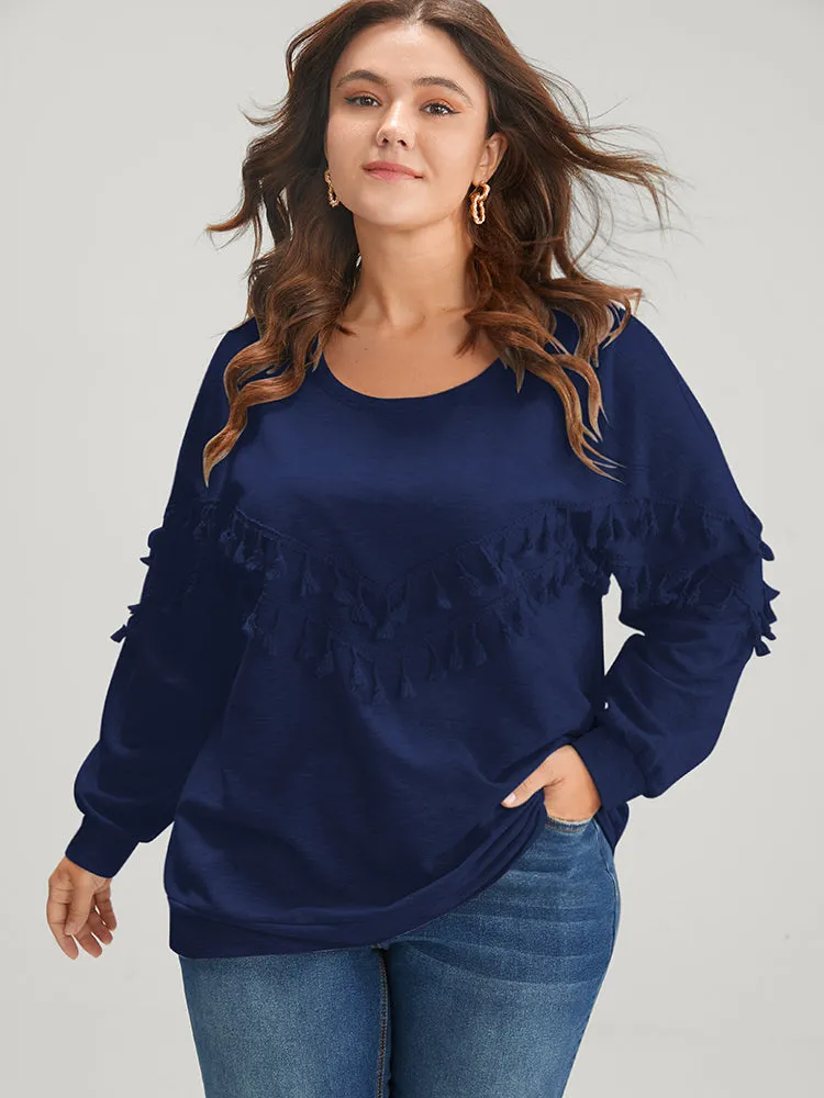 Solid Round Neck Tassels Drop Shoulder Sweatshirt sold by Bloomchic