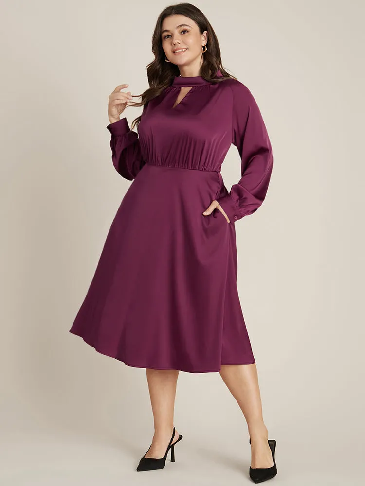 Solid Pocket Keyhole Mock Neck Satin Midi Dress sold by Bloomchic