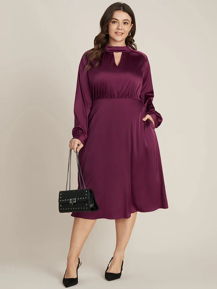Solid Pocket Keyhole Mock Neck Satin Midi Dress sold by Bloomchic product image thumbnail 3