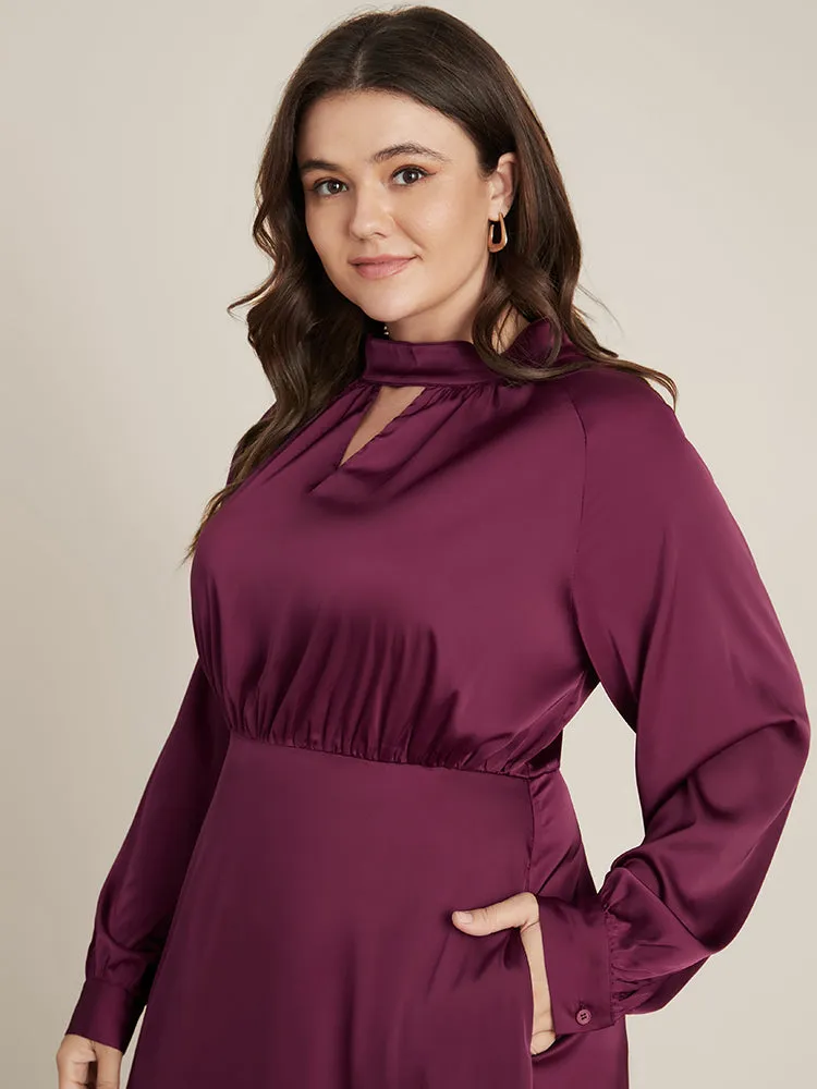 Solid Pocket Keyhole Mock Neck Satin Midi Dress sold by Bloomchic product image thumbnail 5