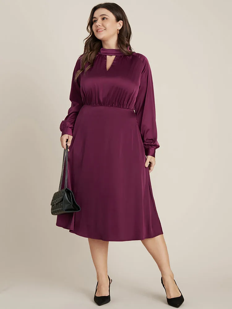Solid Pocket Keyhole Mock Neck Satin Midi Dress sold by Bloomchic product image thumbnail 2