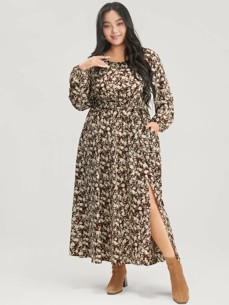 Floral Pocket Lantern Sleeve Belted Split Hem Dress sold by Bloomchic
