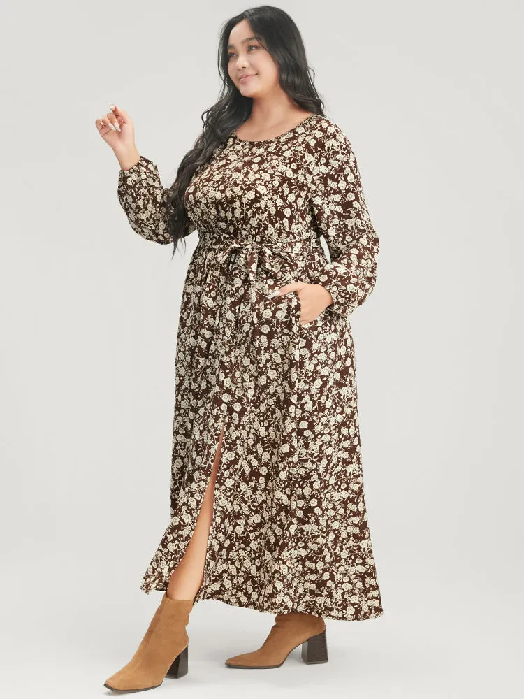 Floral Pocket Lantern Sleeve Belted Split Hem Dress sold by Bloomchic product image thumbnail 4