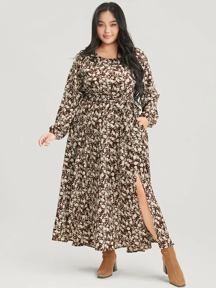 Floral Pocket Lantern Sleeve Belted Split Hem Dress sold by Bloomchic product image thumbnail 5