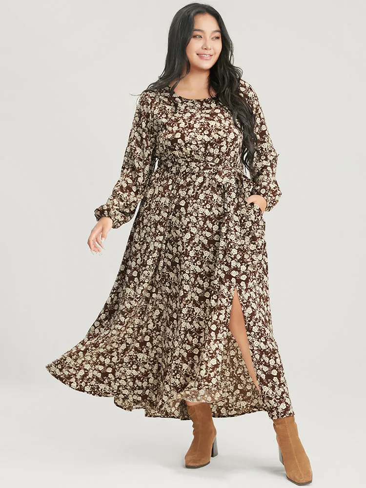 Floral Pocket Lantern Sleeve Belted Split Hem Dress sold by Bloomchic product image thumbnail 2