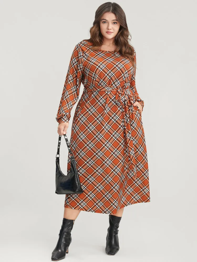 Tartan Round Neck Pocket Belted Midi Dress sold by Bloomchic product image thumbnail 3