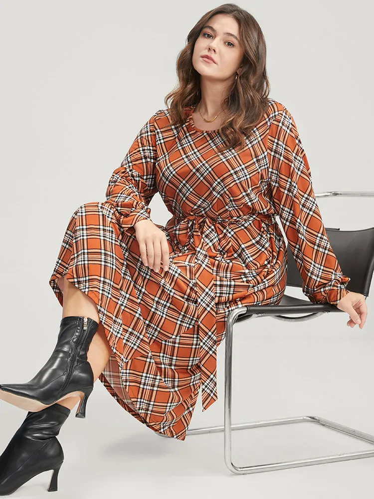 Tartan Round Neck Pocket Belted Midi Dress sold by Bloomchic