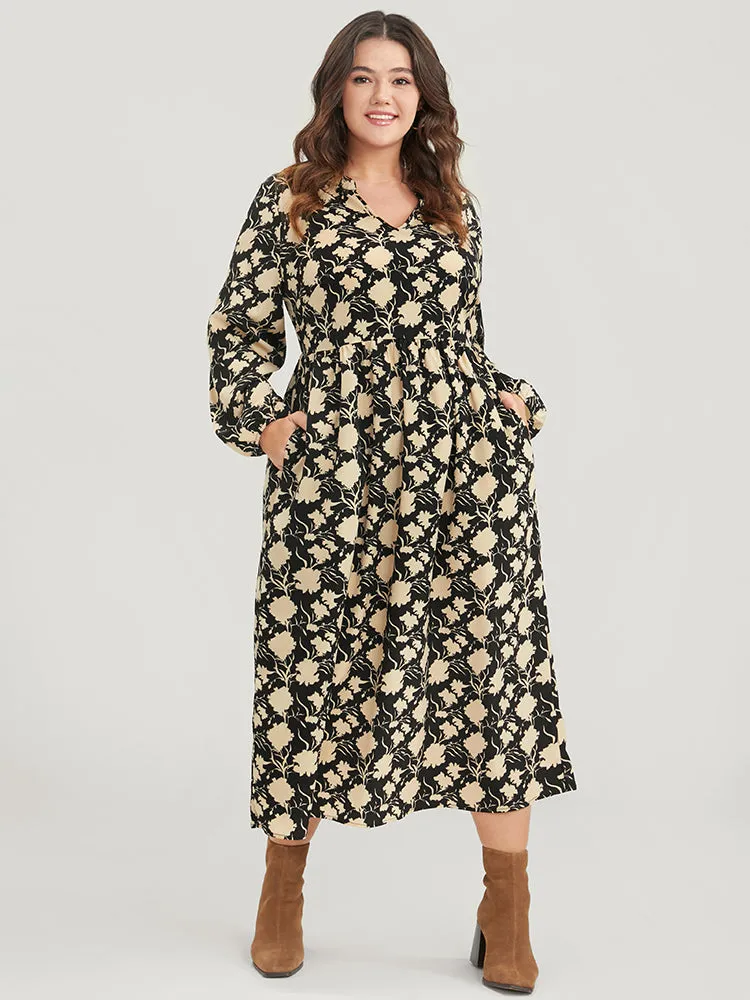 Floral Lantern Sleeve Pocket V Neck Midi Dress sold by Bloomchic product image thumbnail 2