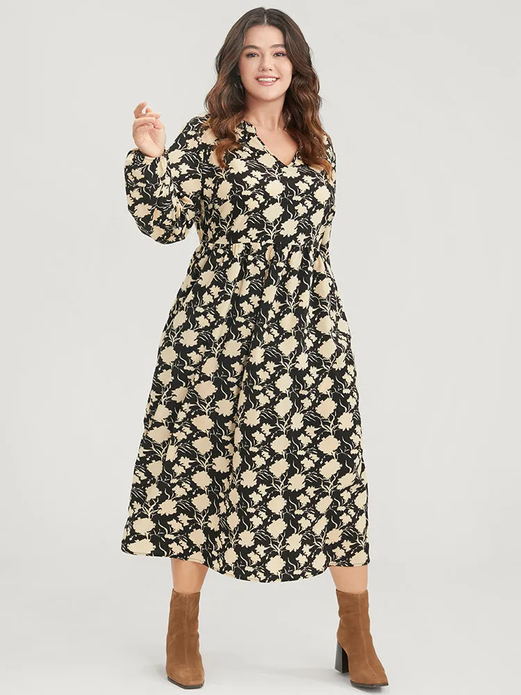 Floral Lantern Sleeve Pocket V Neck Midi Dress sold by Bloomchic product image thumbnail 3