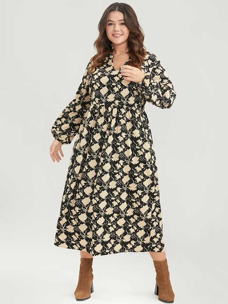 Floral Lantern Sleeve Pocket V Neck Midi Dress sold by Bloomchic
