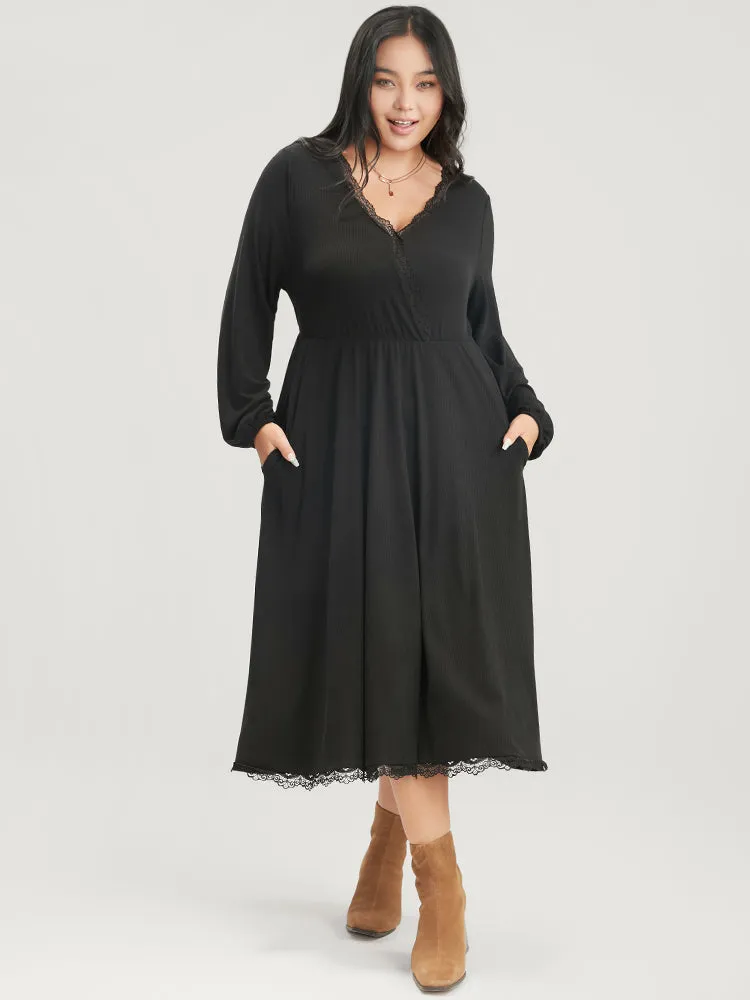 Solid Lantern Sleeve Pocket Lace Trim Wrap Dress sold by Bloomchic