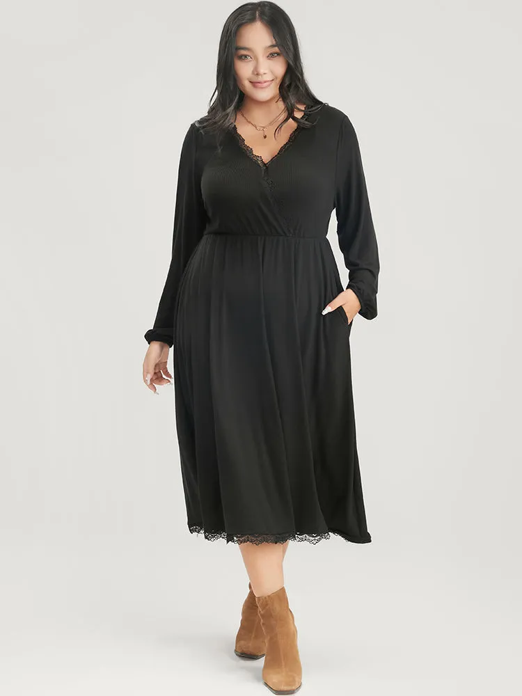Solid Lantern Sleeve Pocket Lace Trim Wrap Dress sold by Bloomchic product image thumbnail 2