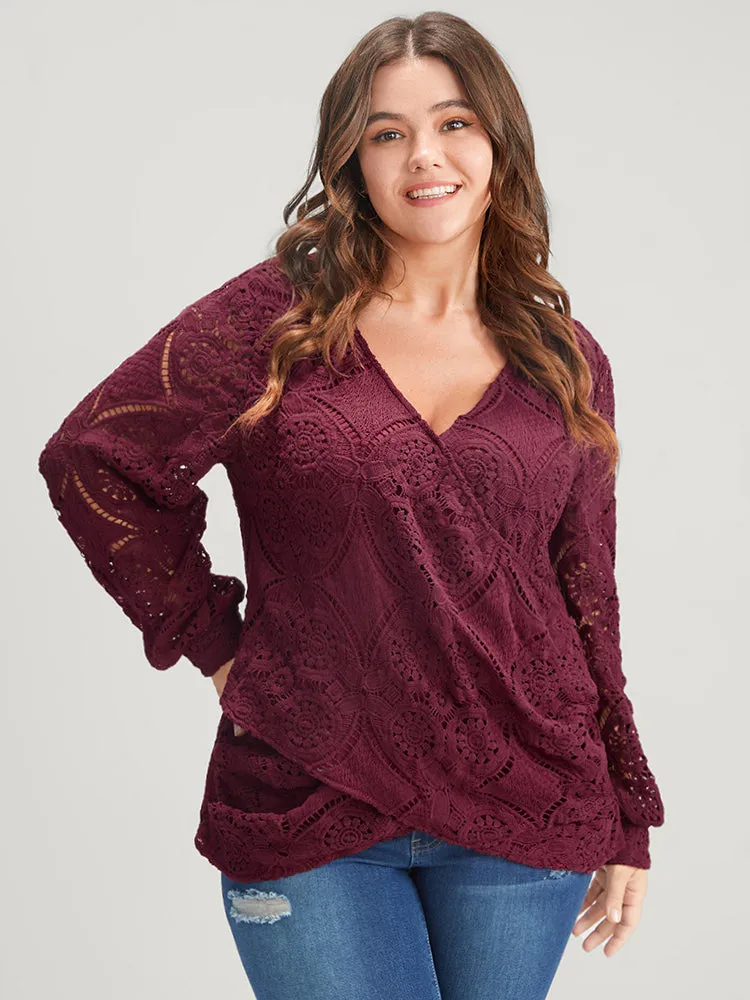 Solid Crossover Hem Lace Blouse sold by Bloomchic