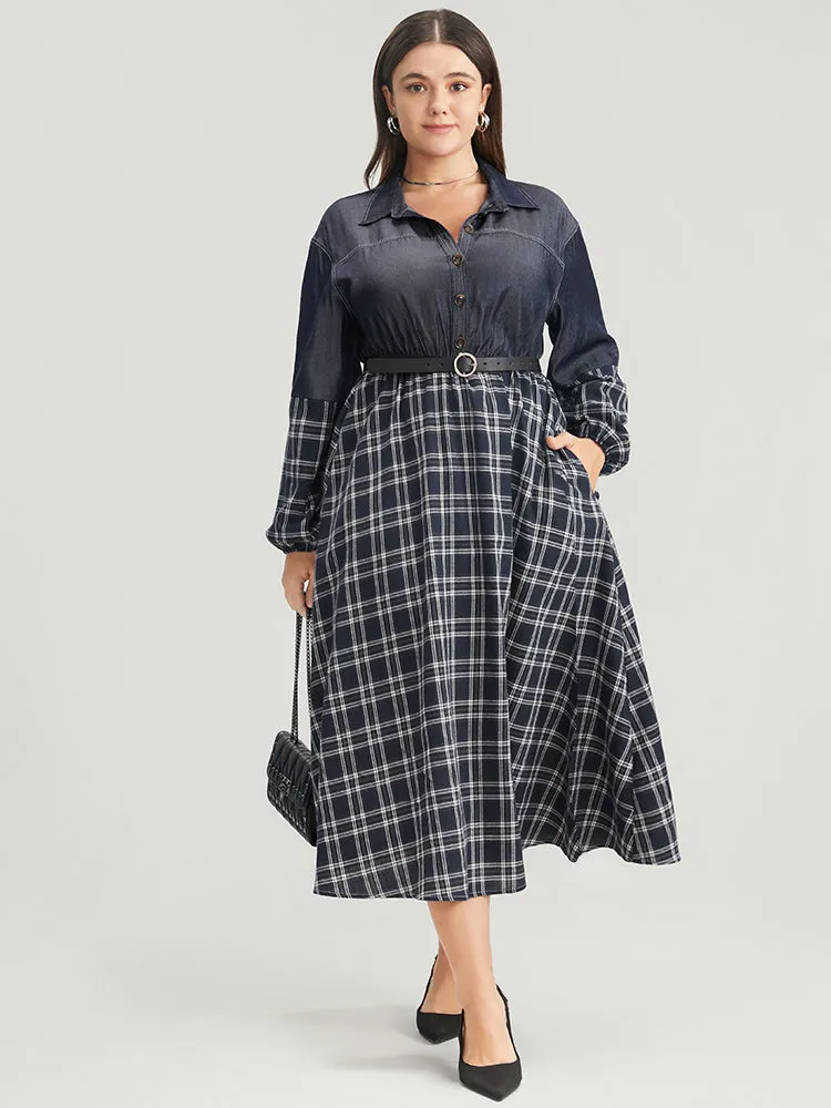 Gingham Patchwork Button Pocket Shirt Collar Dress Without Belt sold by Bloomchic product image thumbnail 2