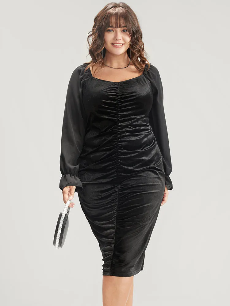 Solid Lantern Sleeve Ruched Velvet Knee Dress sold by Bloomchic product image thumbnail 3