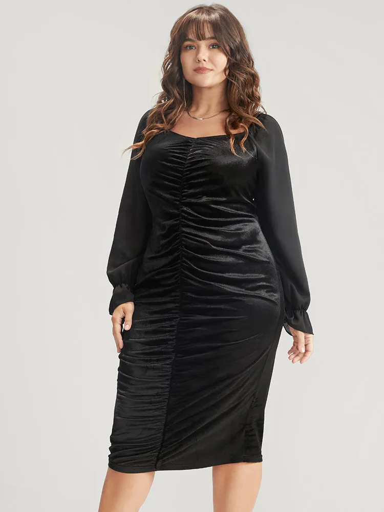 Solid Lantern Sleeve Ruched Velvet Knee Dress sold by Bloomchic product image thumbnail 2
