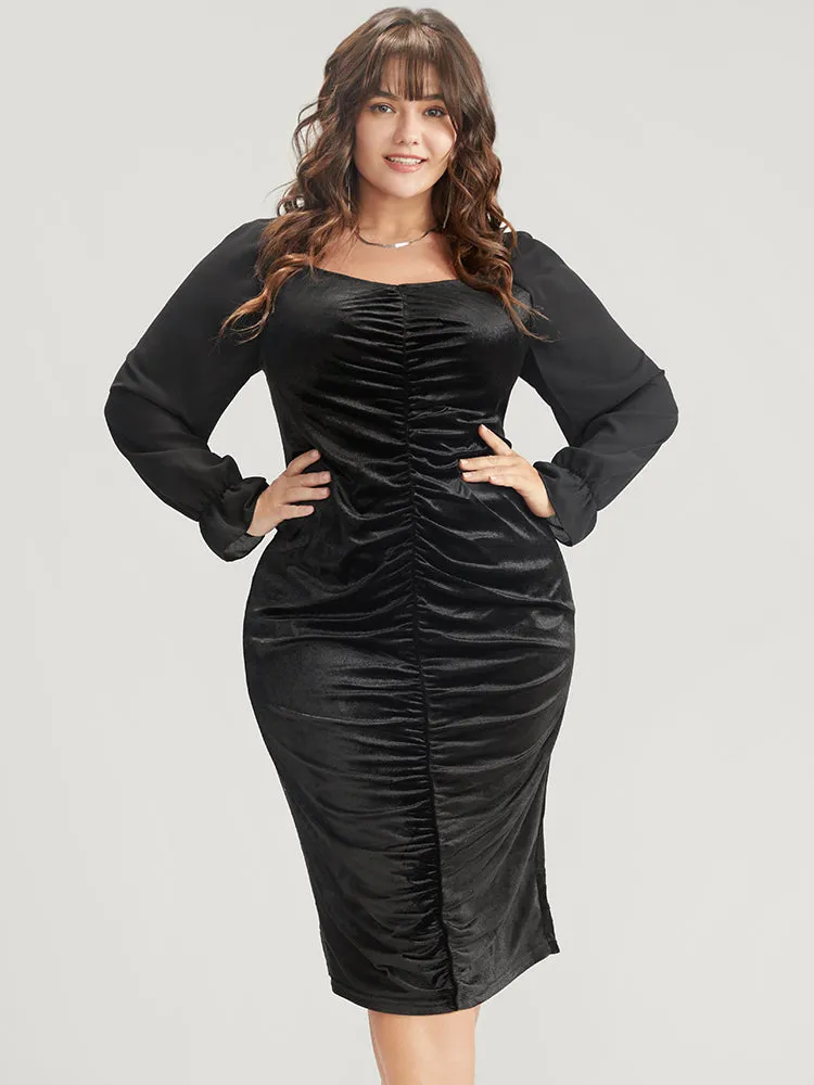 Solid Lantern Sleeve Ruched Velvet Knee Dress sold by Bloomchic