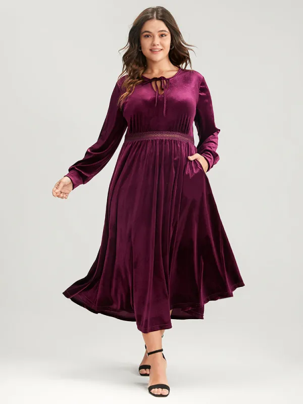 Solid Lace Pocket Keyhole Tie Neck Velvet Flutter Dress sold by Bloomchic