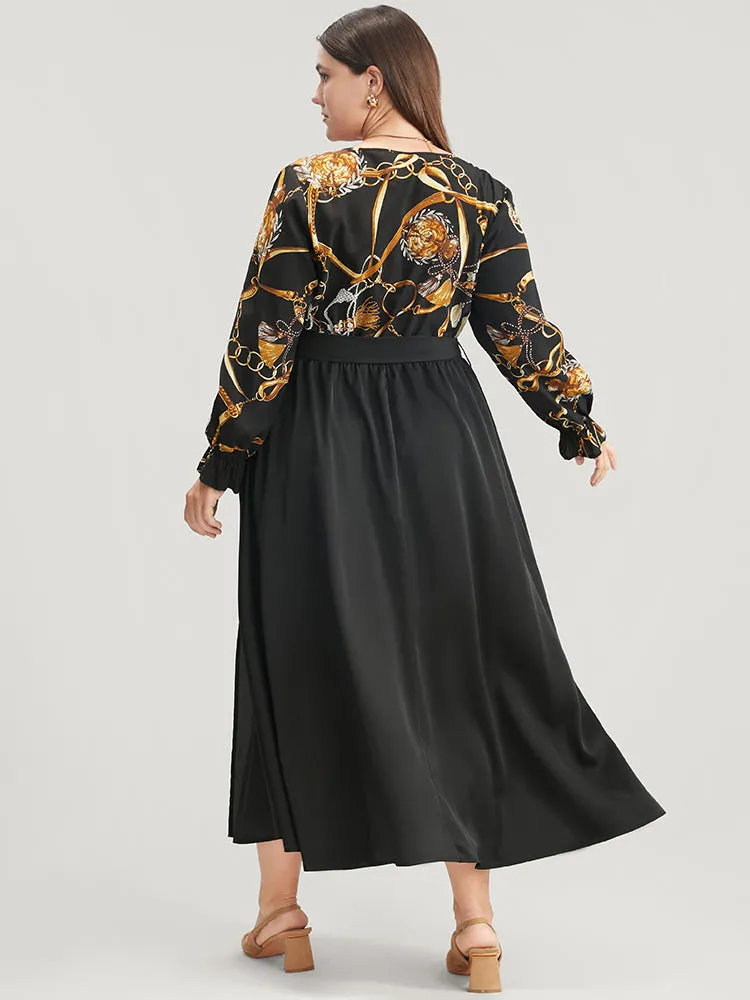Chain Print V Neck Pocket Lantern Sleeve Belted Split Dress sold by Bloomchic product image thumbnail 2