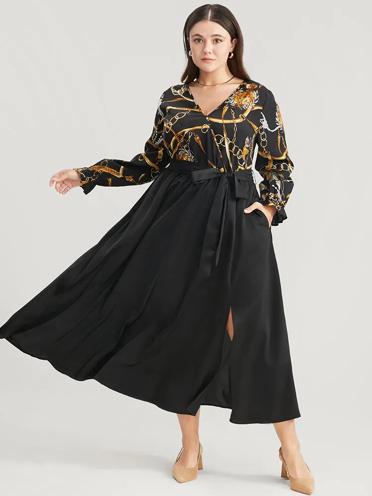 Chain Print V Neck Pocket Lantern Sleeve Belted Split Dress sold by Bloomchic product image thumbnail 5