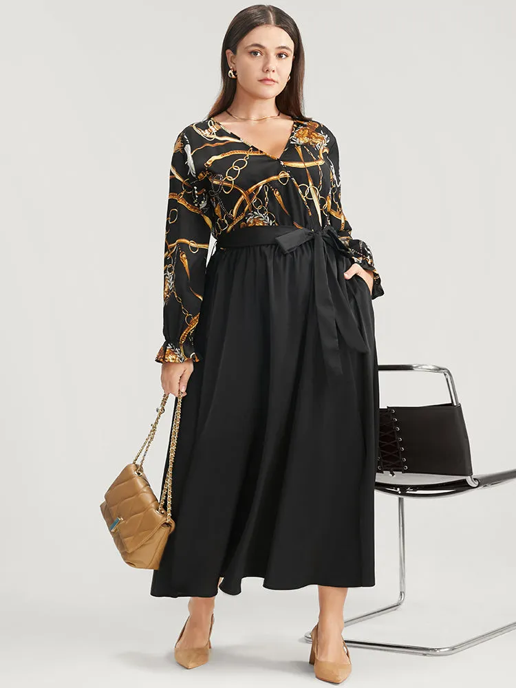 Chain Print V Neck Pocket Lantern Sleeve Belted Split Dress sold by Bloomchic product image thumbnail 3