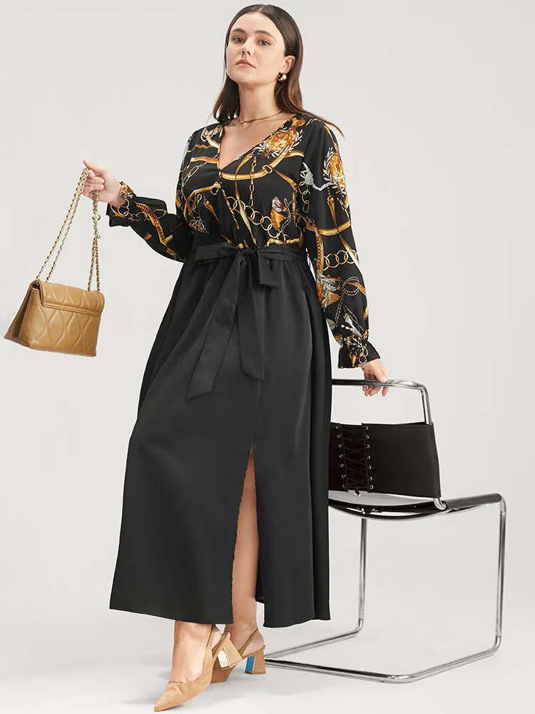 Chain Print V Neck Pocket Lantern Sleeve Belted Split Dress sold by Bloomchic product image thumbnail 4