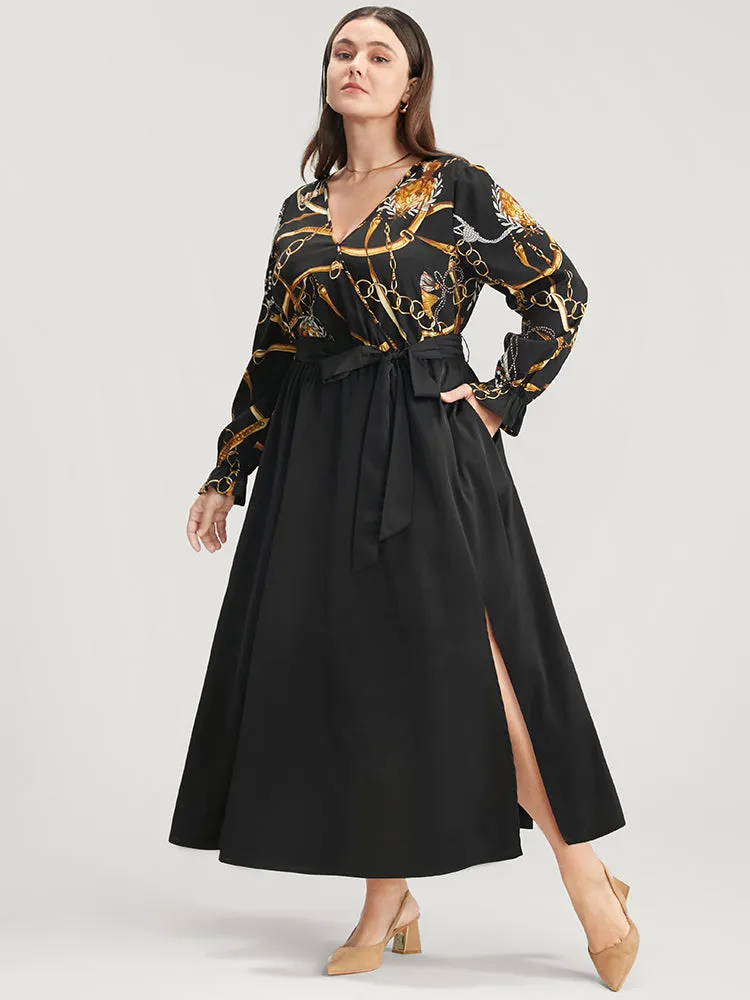 Chain Print V Neck Pocket Lantern Sleeve Belted Split Dress sold by Bloomchic