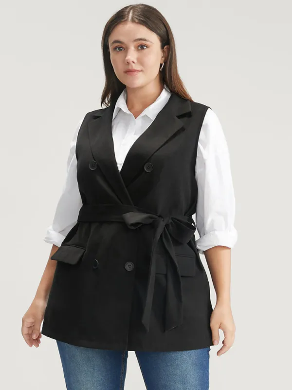 Solid Flap Pocket Sleeveless Belt Blazer sold by Bloomchic