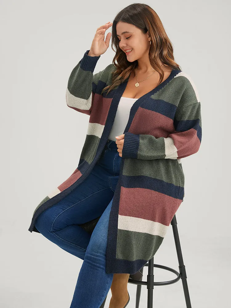 Colorblock Contrast Pointelle Knit Heather Open Front Long Cardigan sold by Bloomchic