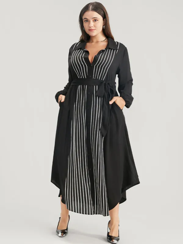 Striped Contrast Pocket Button Detail Belted Dress made by Bloomchic
