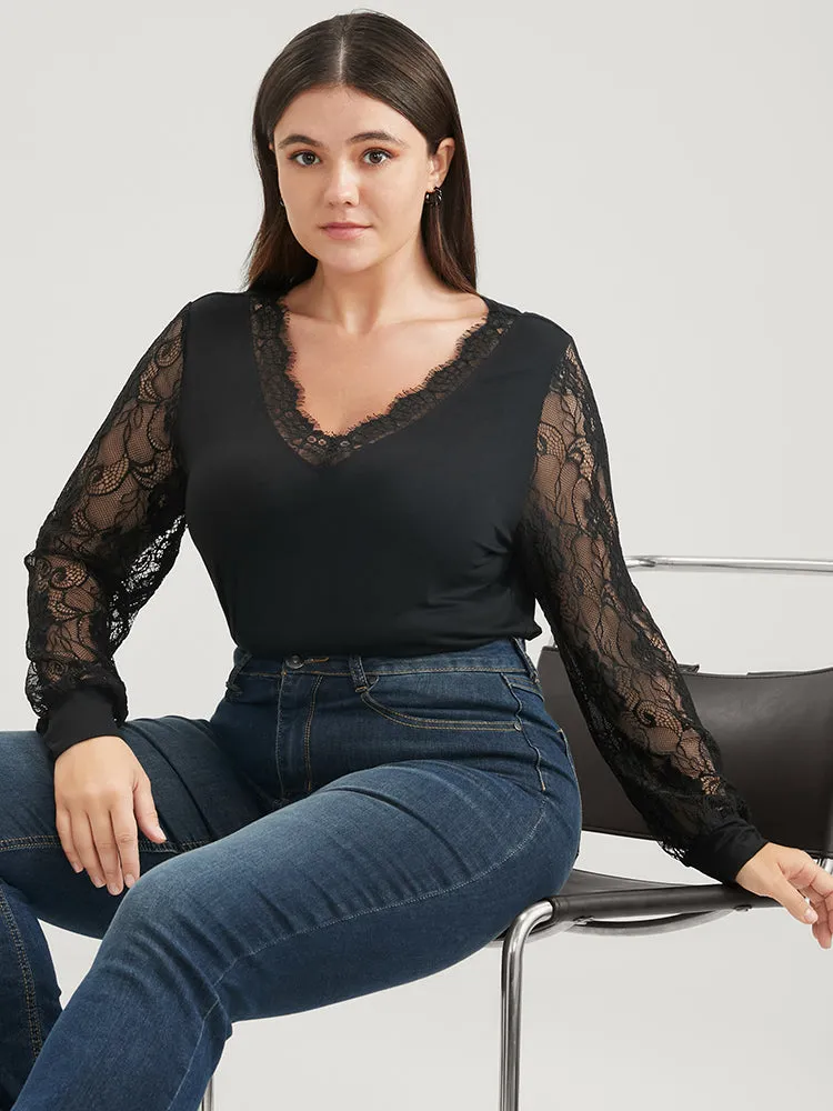 Solid V Neck Contrast Lace Lantern Sleeve Long Tee sold by Bloomchic product image thumbnail 5