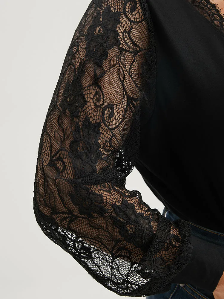 Solid V Neck Contrast Lace Lantern Sleeve Long Tee sold by Bloomchic product image thumbnail 4