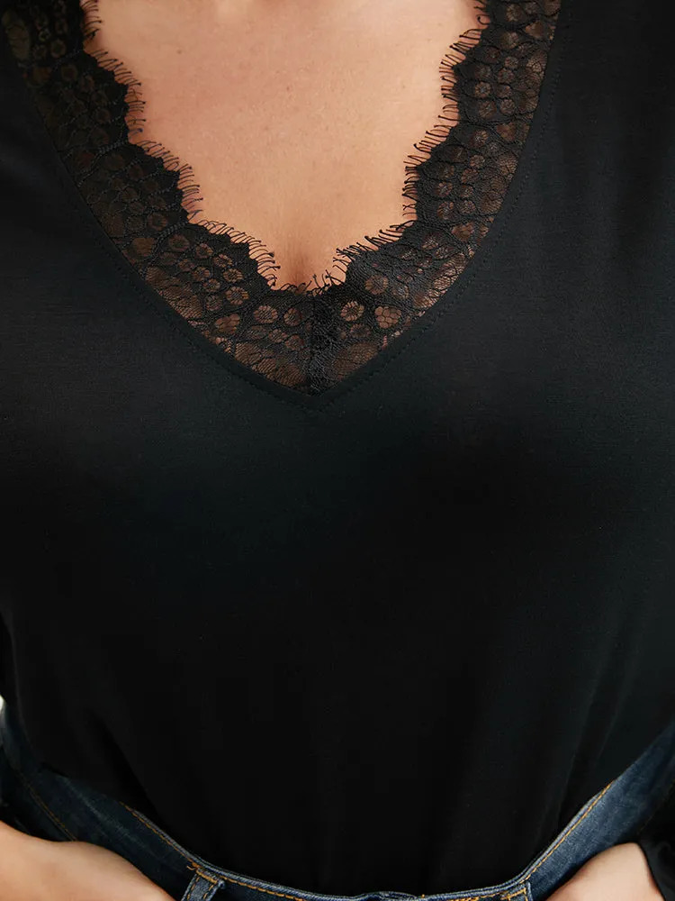 Solid V Neck Contrast Lace Lantern Sleeve Long Tee sold by Bloomchic product image thumbnail 3