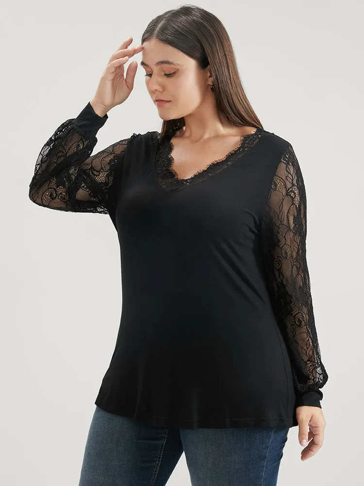 Solid V Neck Contrast Lace Lantern Sleeve Long Tee sold by Bloomchic