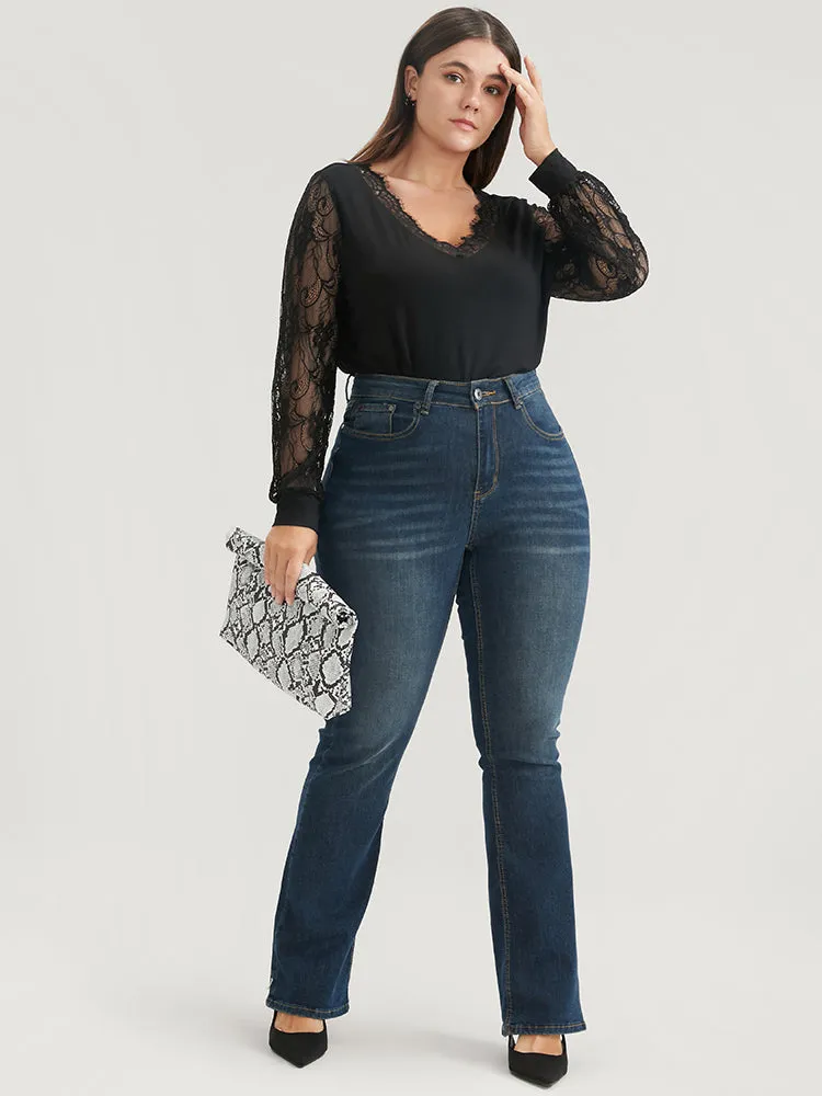 Solid V Neck Contrast Lace Lantern Sleeve Long Tee sold by Bloomchic product image thumbnail 2