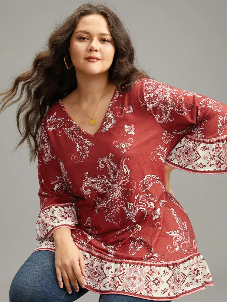 Boho Print Patchwork Bell Sleeve T-shirt sold by Bloomchic