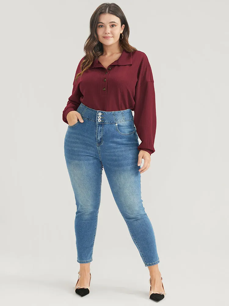 Solid Half Button Drop Shoulder Rib Knit Sweatshirt sold by Bloomchic product image thumbnail 2