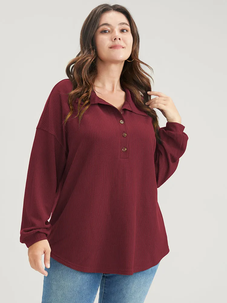 Solid Half Button Drop Shoulder Rib Knit Sweatshirt sold by Bloomchic