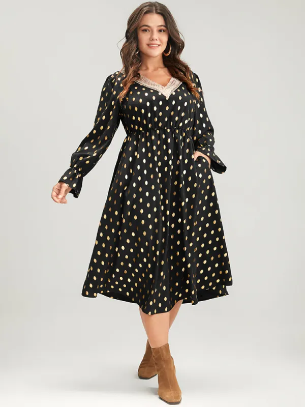 Polka Dot Lantern Sleeve Pocket Lace Trim Midi Dress sold by Bloomchic