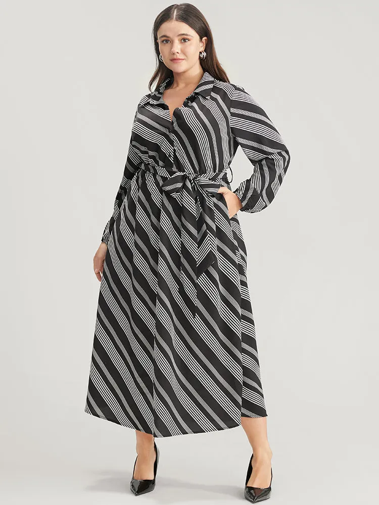 Striped Lantern Sleeve Pocket Belted Lapel Collar Dress sold by Bloomchic product image thumbnail 4