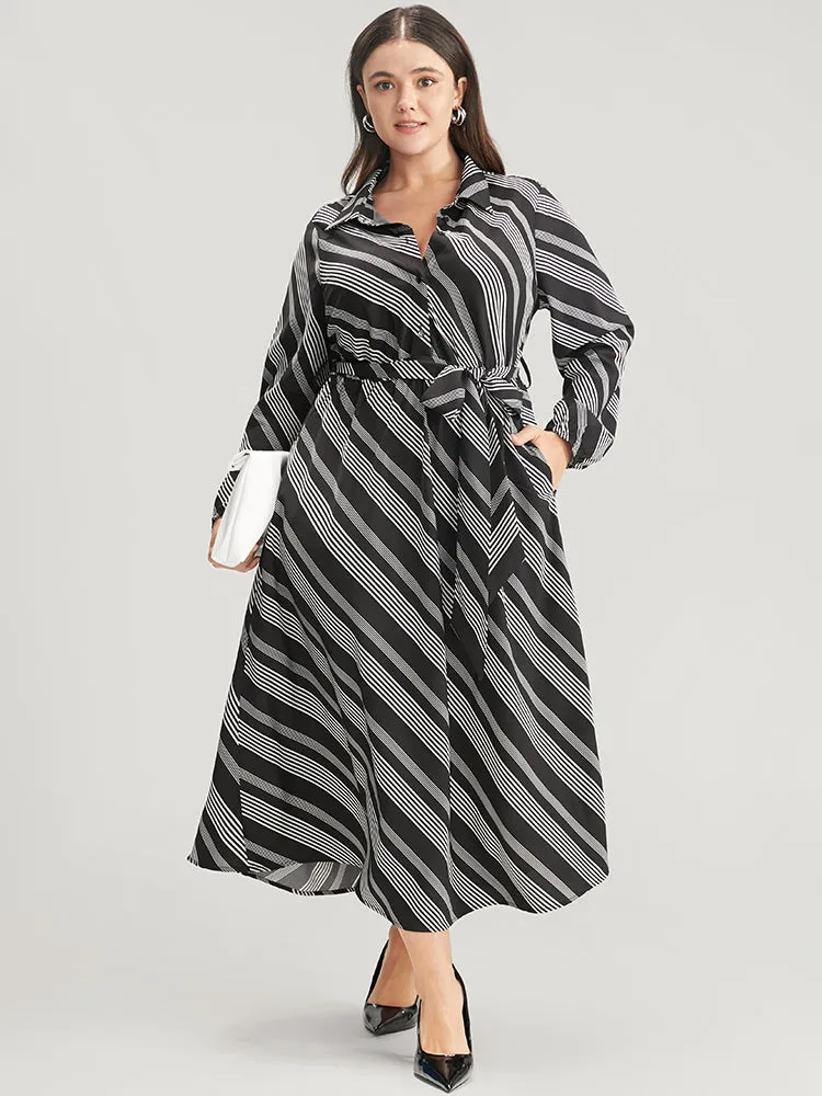 Striped Lantern Sleeve Pocket Belted Lapel Collar Dress sold by Bloomchic
