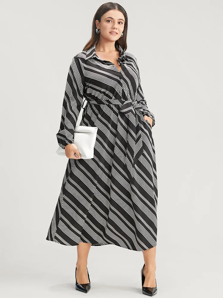 Striped Lantern Sleeve Pocket Belted Lapel Collar Dress sold by Bloomchic product image thumbnail 2