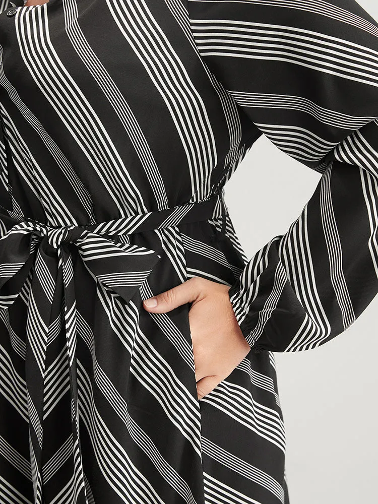 Striped Lantern Sleeve Pocket Belted Lapel Collar Dress sold by Bloomchic product image thumbnail 5